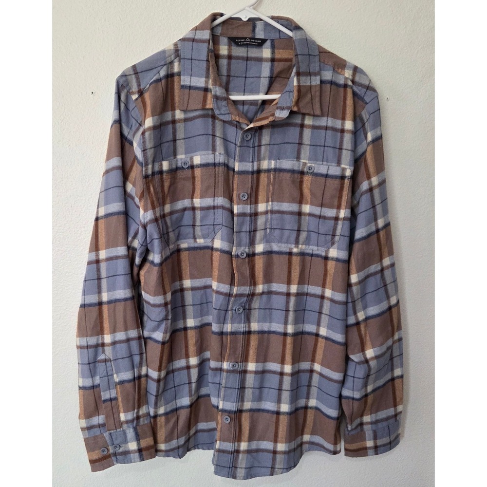 Alpine Design Flannel Shirt Mens Large Blue Brown Plaid Long Sleeve Button Down